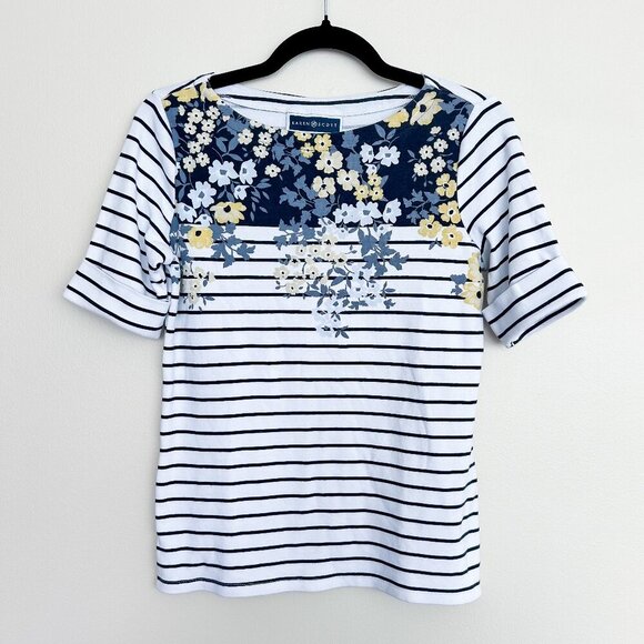 Karen Scott Floral Stripe Tee PM | Cottagecore Coastal Casual | Recycled Cotton - Picture 1 of 6